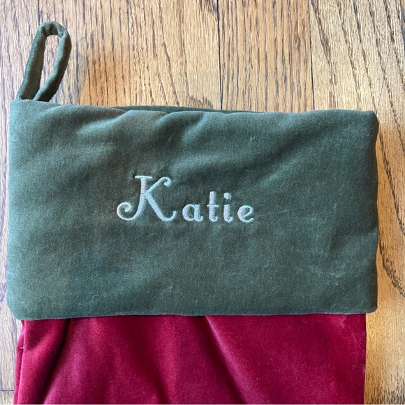 Pottery Barn Christmas Stocking Red with Olive Green Embroidered Katie - Picture 3 of 6